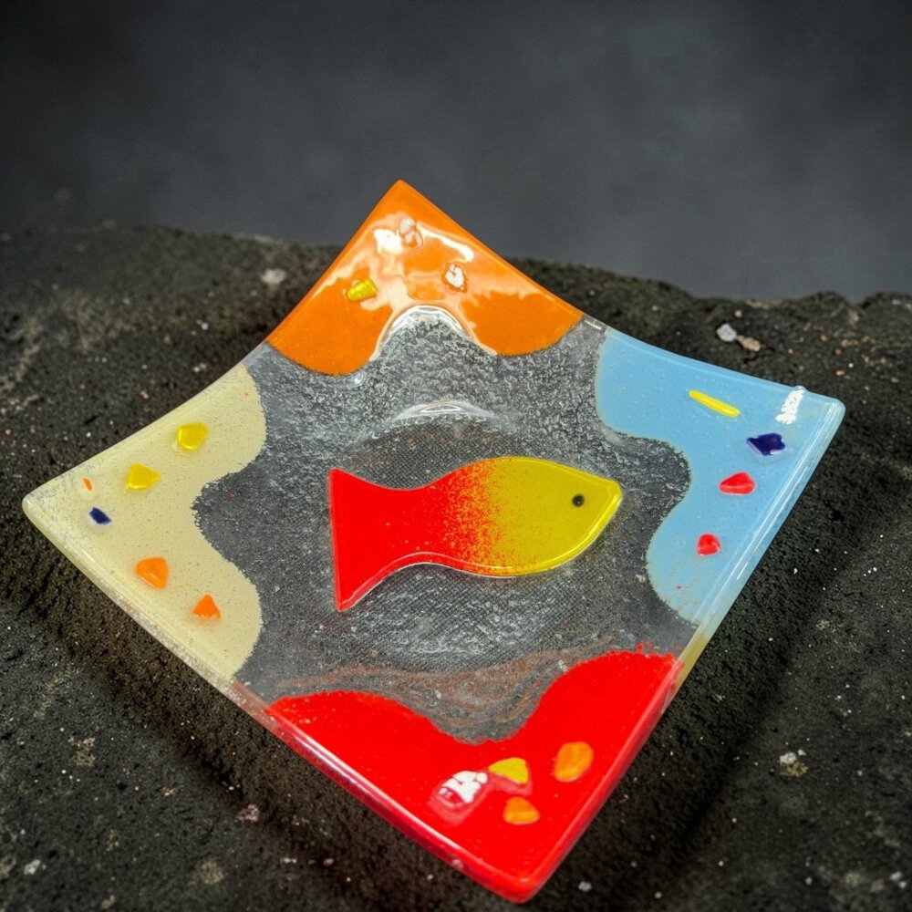Square Fused‎ Art Glass Multicolor Dish Plate With Fish Textured Trinket Holder